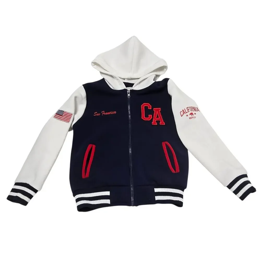 California Citywear Youth Jacket W/Hoodie Embroidered Patches Size 8 Blue White